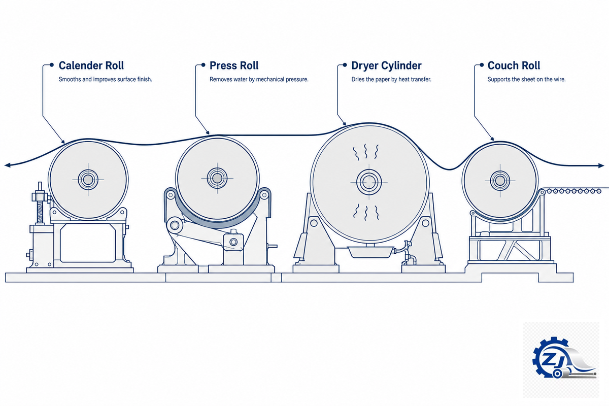 Calender Roll vs. Other Paper Machine Rolls: Press Roll, Dryer Cylinder, Couch Roll — Zejiang Paper Machinery