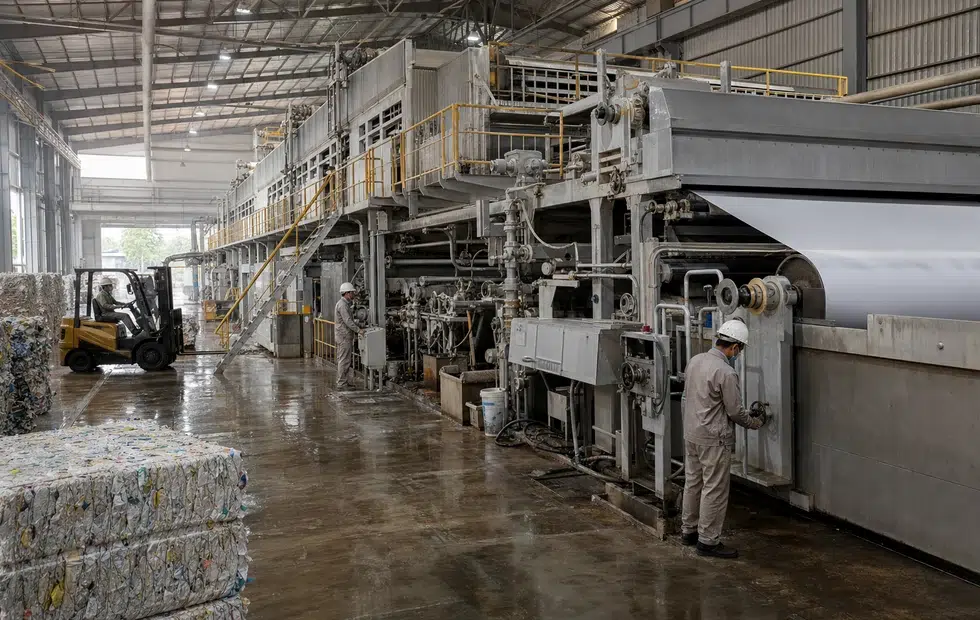 Generated paper mill line with recovered fibre bales and operators inspecting machine sections