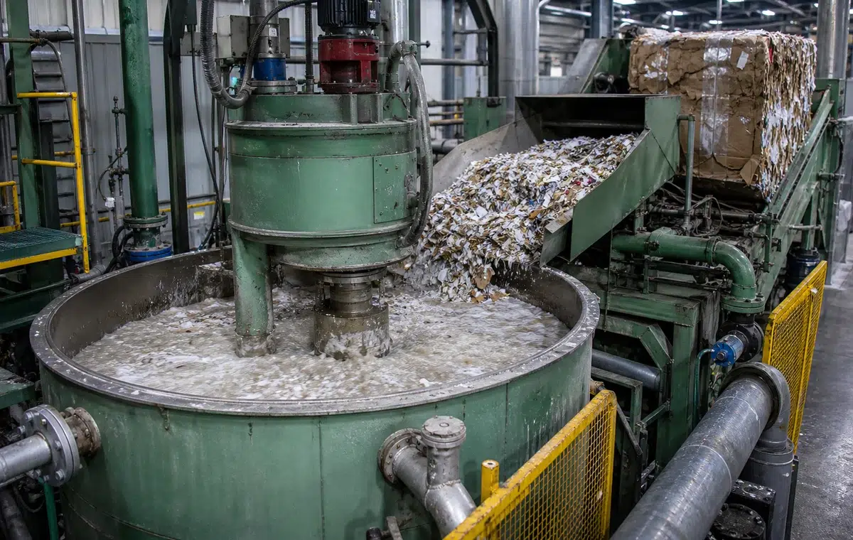 Paper pulper machine processing recycled fiber furnish in stock preparation line