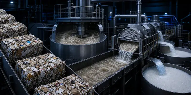 Recycled fiber stock preparation process from OCC bales to clean pulp