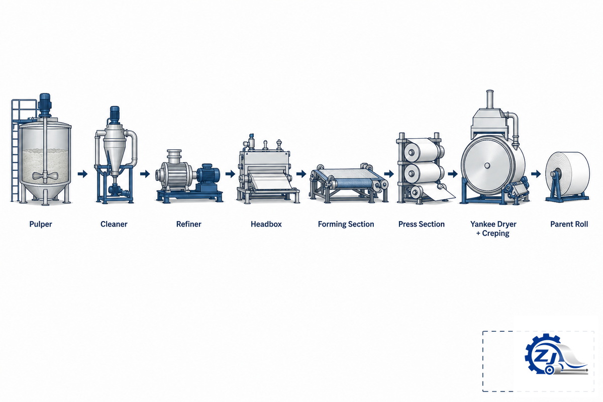 How a Tissue Paper Machine Works, Step by Step (Pulp to Parent Roll) — Zejiang Paper Machinery