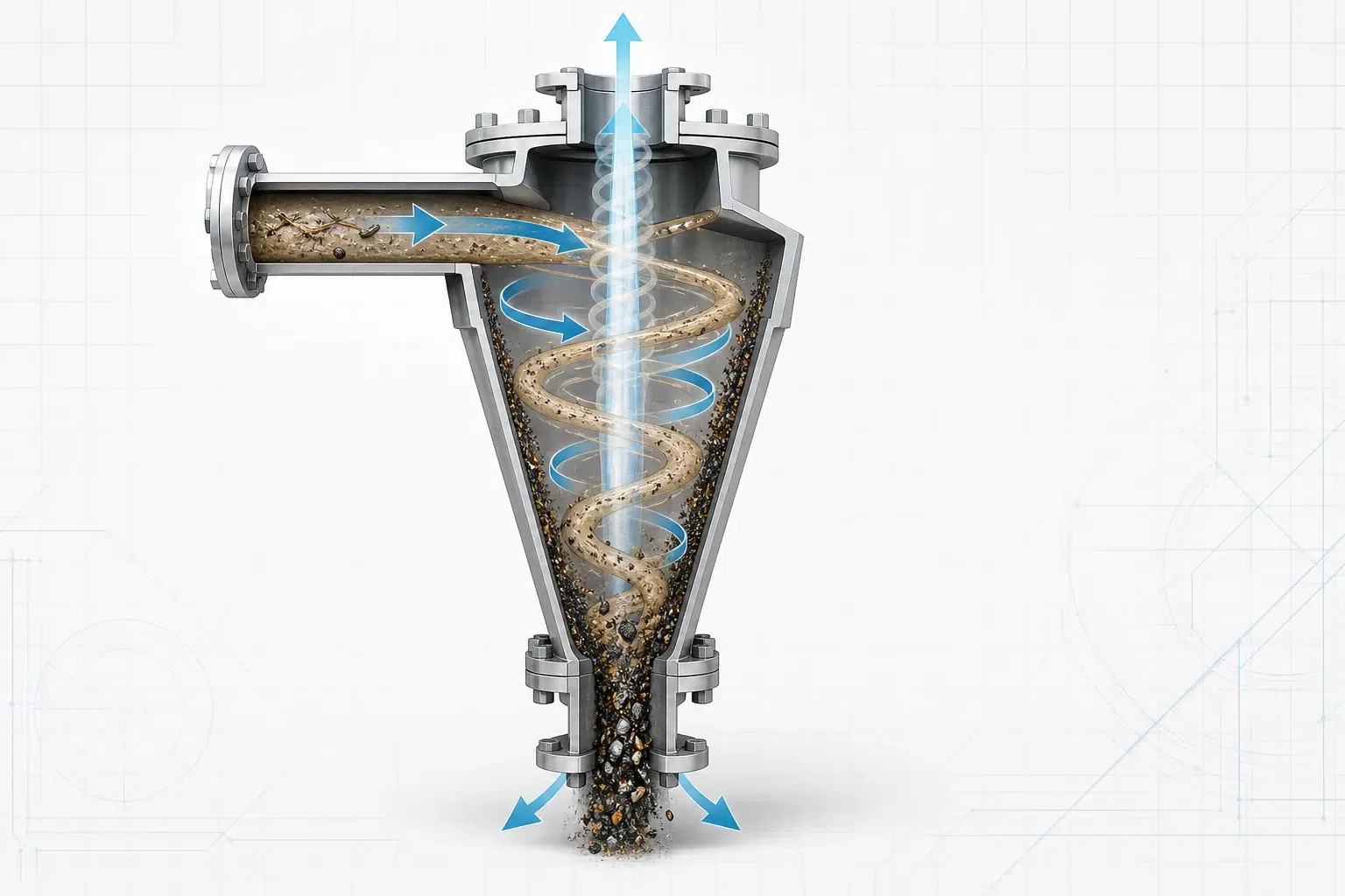 Forward high density cleaner vortex mechanism with heavy rejects discharged at the apex