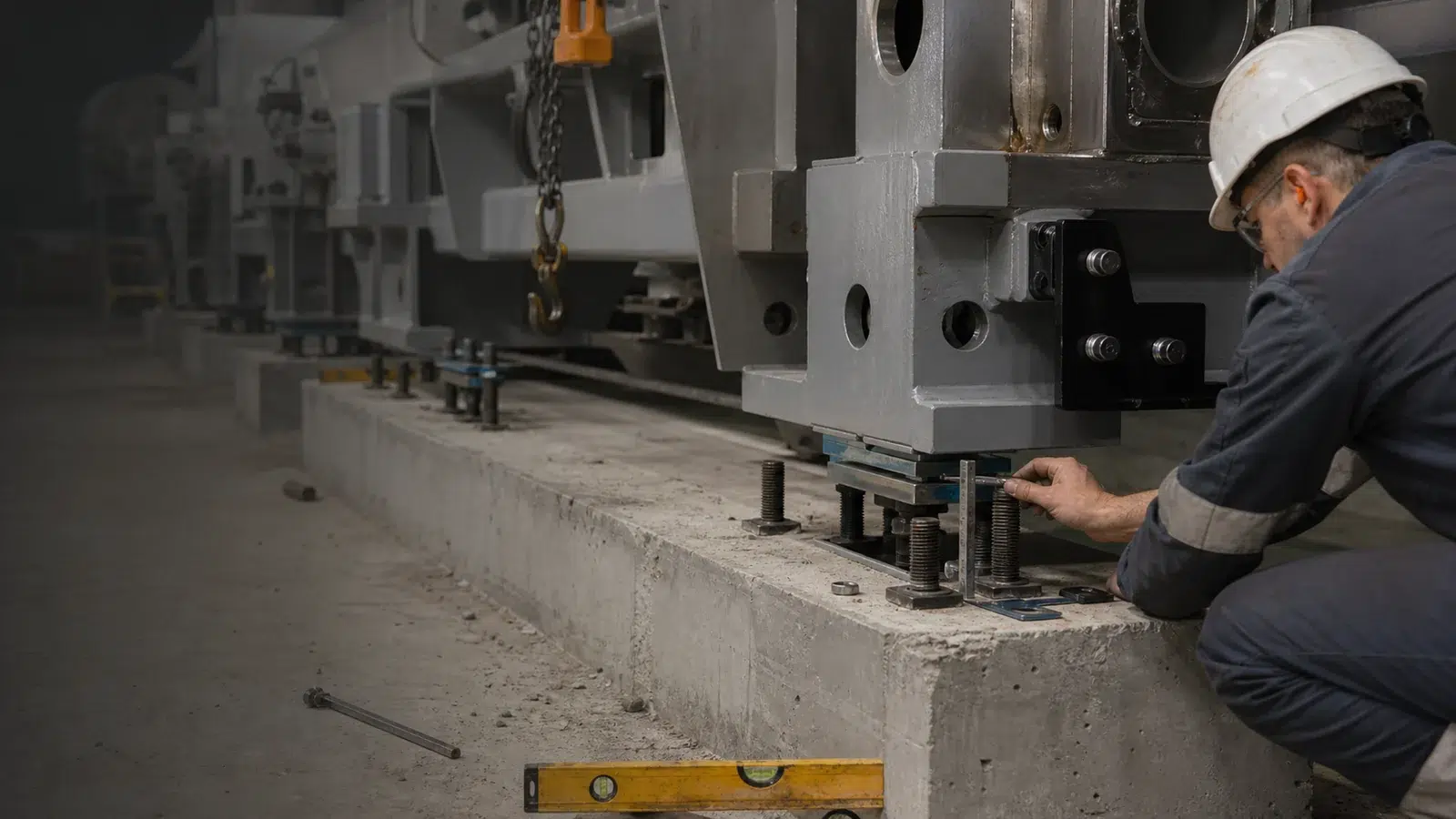 Paper machine base frame alignment with anchor bolts and foundation interface