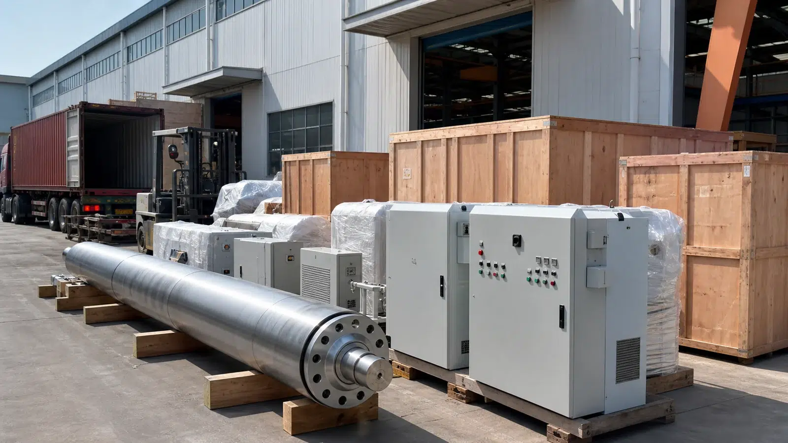 Paper machinery export delivery with crated rolls and control cabinets