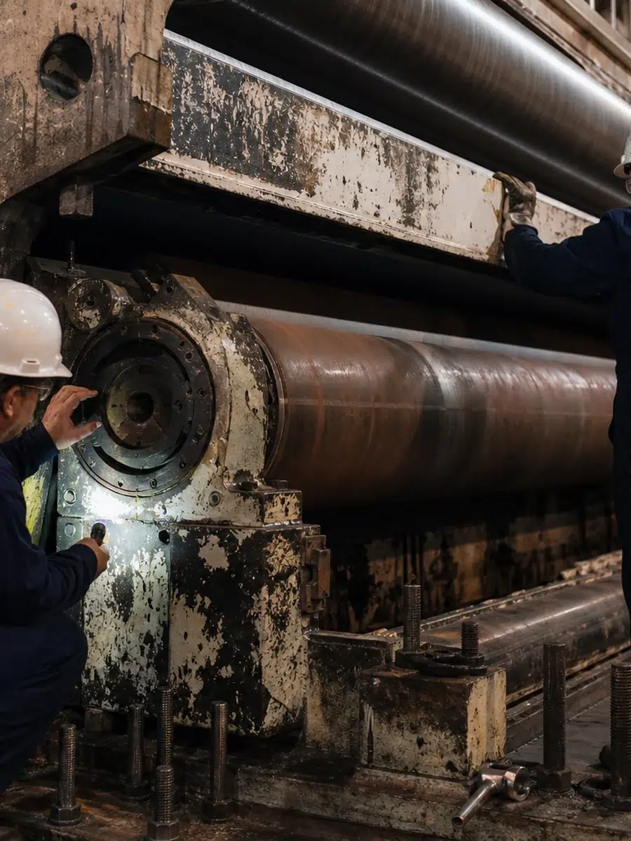 Paper machine press section rebuild inspection with engineers checking frame and rolls