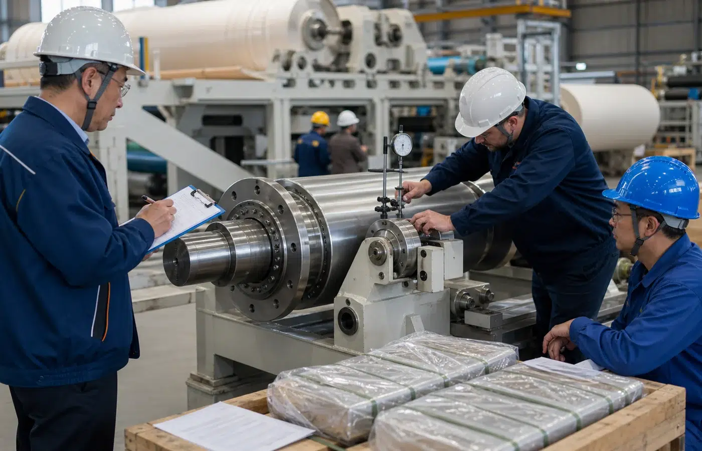 Factory acceptance test inspection for paper machine rolls before shipment