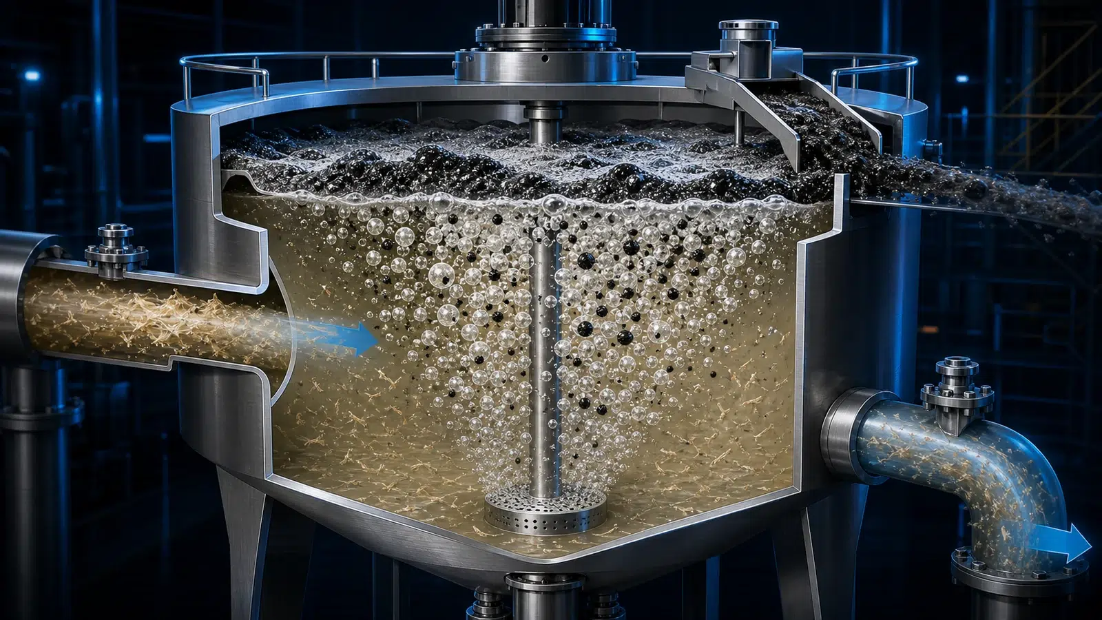 Flotation deinking cell removing ink particles with air bubbles from recycled pulp