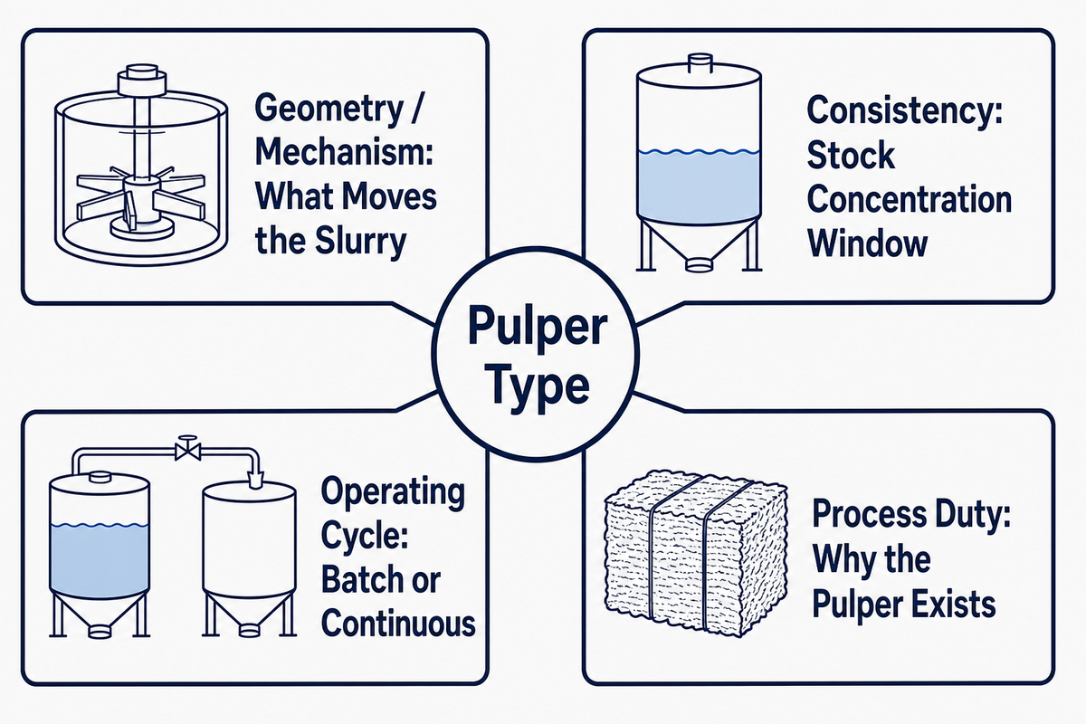 The four questions inside a pulper label: what moves the slurry, at what consistency, on what operating cycle, for which mill duty