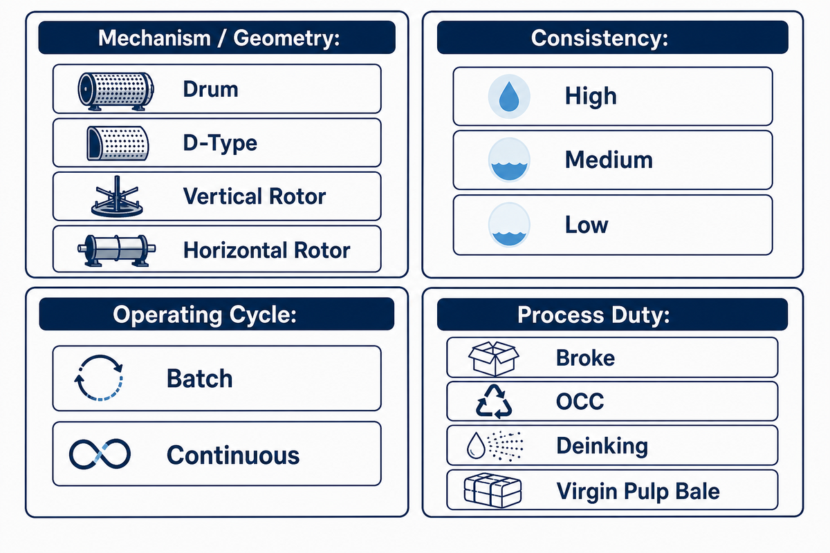 Nine pulper labels sorted onto four axes: drum, D-type, vertical and horizontal rotor; high, medium, low; batch or continuous; duty