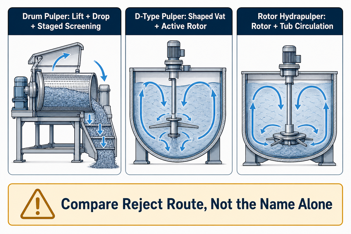Drum pulpers lift and drop with staged screening, D-type uses a shaped vat, rotor hydrapulpers use tub circulation