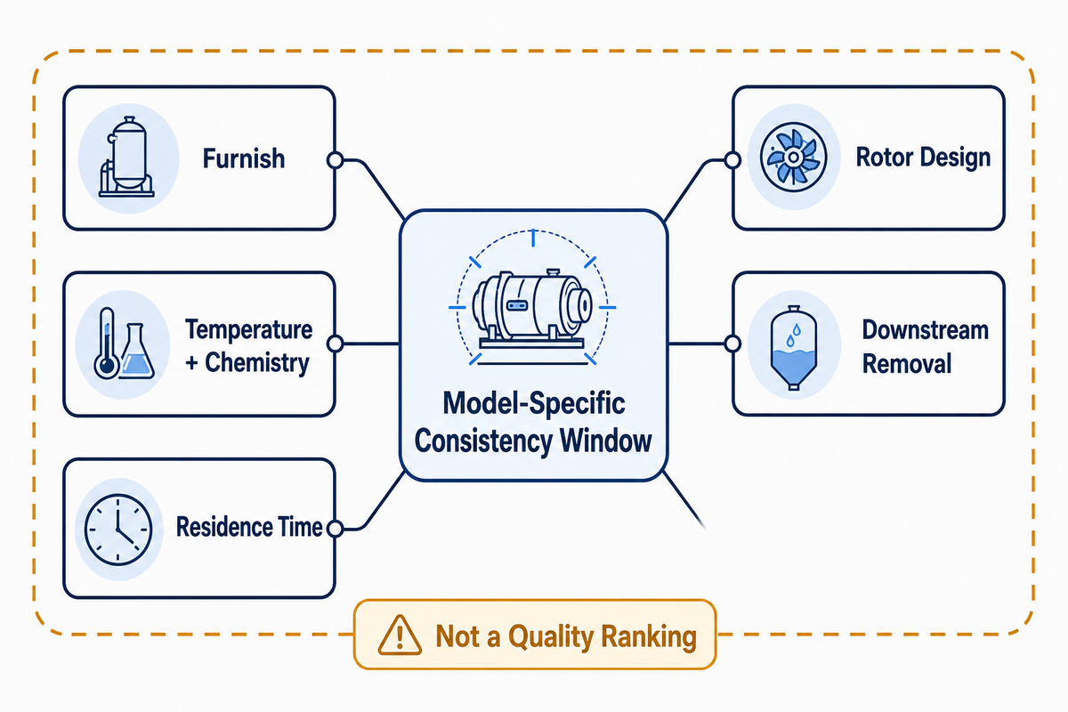A consistency window is model-specific: furnish, temperature and chemistry, residence time, rotor design and downstream removal set it