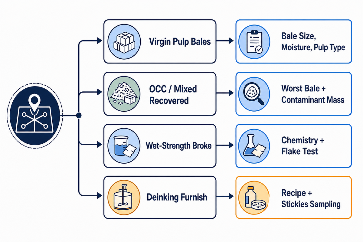Furnish decides the evidence: OCC needs worst-bale contaminant mass, wet-strength broke a flake test, deinking a stickies sample