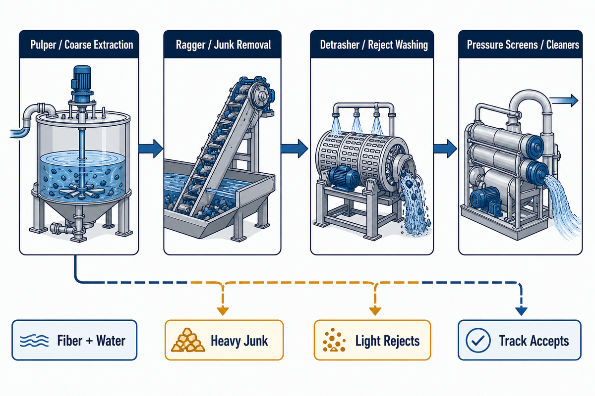 Reject route after the pulper: ragger junk removal, detrasher washing, then pressure screens and cleaners split accepts from rejects
