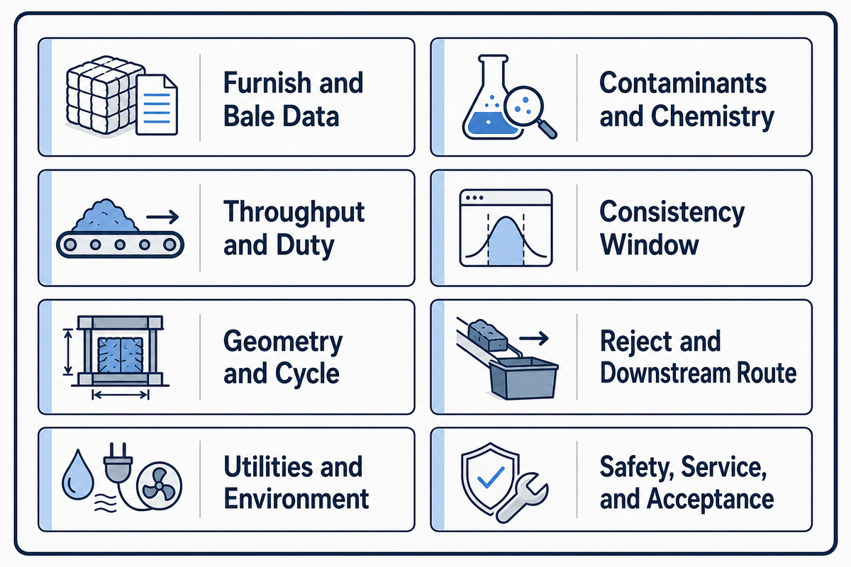 Eight RFQ input groups that make pulper quotes comparable, from furnish and bale data to safety, service and acceptance evidence