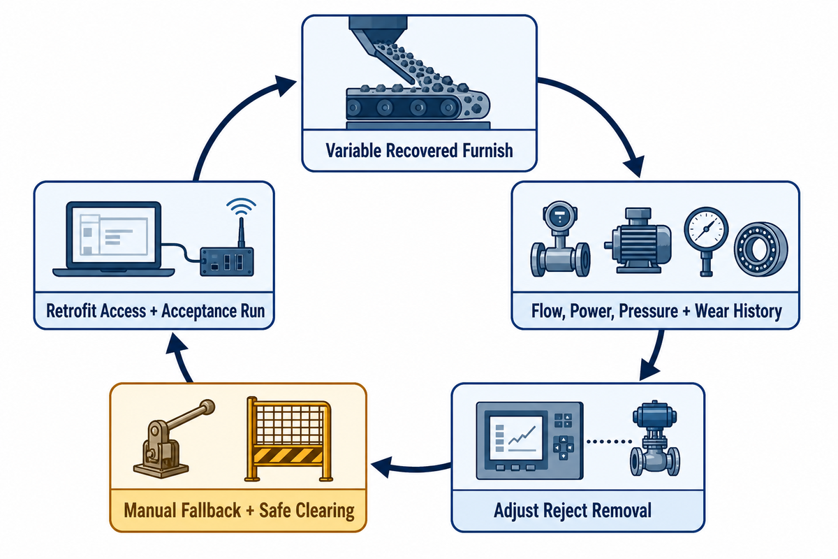 2025-2026 pulper selection loop: variable recovered furnish, wear history, reject adjustment, manual fallback and retrofit access