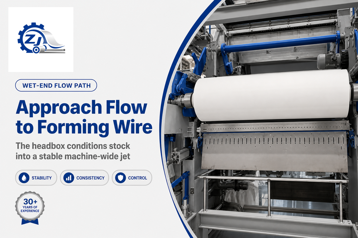Headbox flow path conditions stock into a stable jet before the forming wire