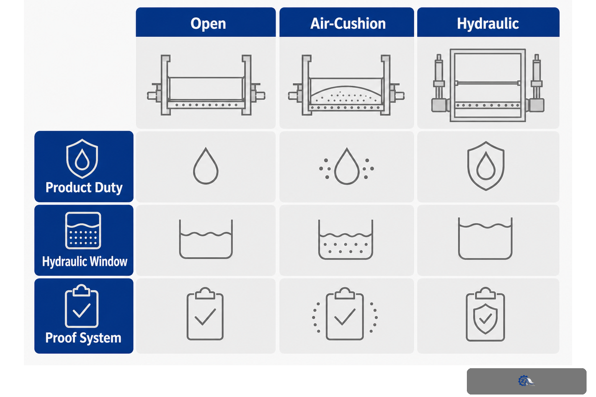 Open air-cushion and hydraulic headbox architectures compared by duty, hydraulic window and proof system