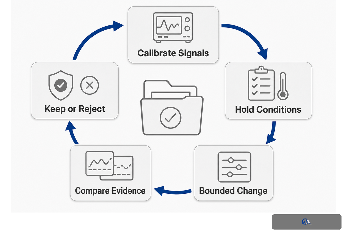 Jet-to-wire evidence loop calibrates signals, changes one condition and verifies repeated sheet results