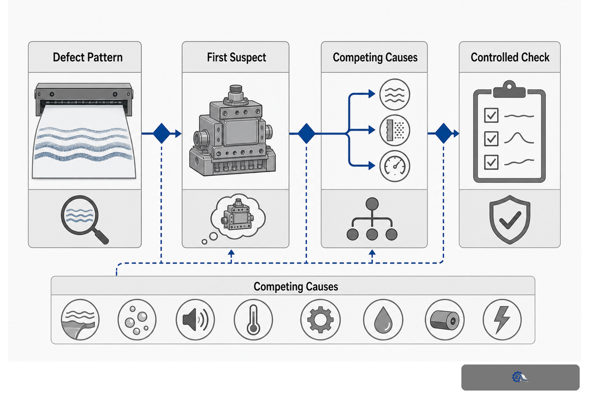 Headbox diagnosis combines a defect pattern, process signal, competing causes and a controlled check