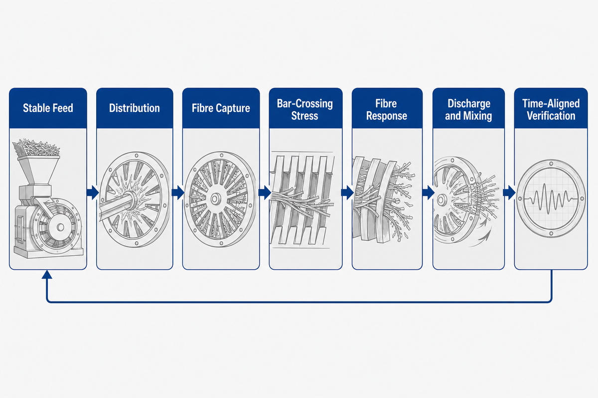 Pulp refining process map from stable feed through fibre treatment to time-aligned verification