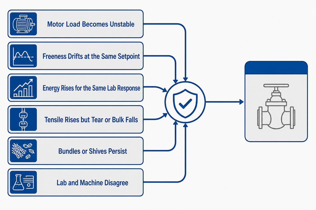 Pulp refining troubleshooting map routes six symptoms to their first confirmation check