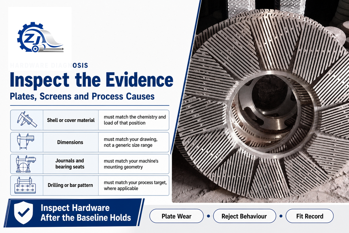 Refiner plate photo supports structured diagnosis of plate wear, screens, and process evidence