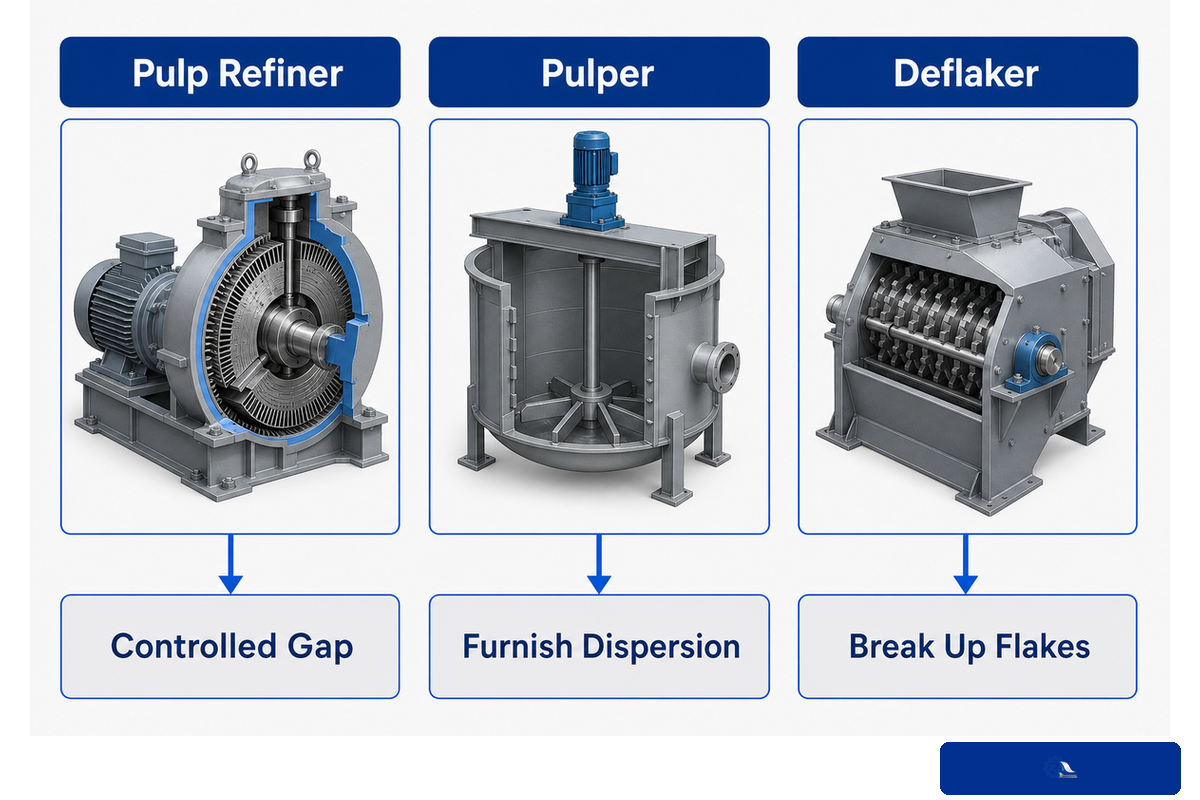 Pulp refiner, pulper and deflaker compared by their different production functions