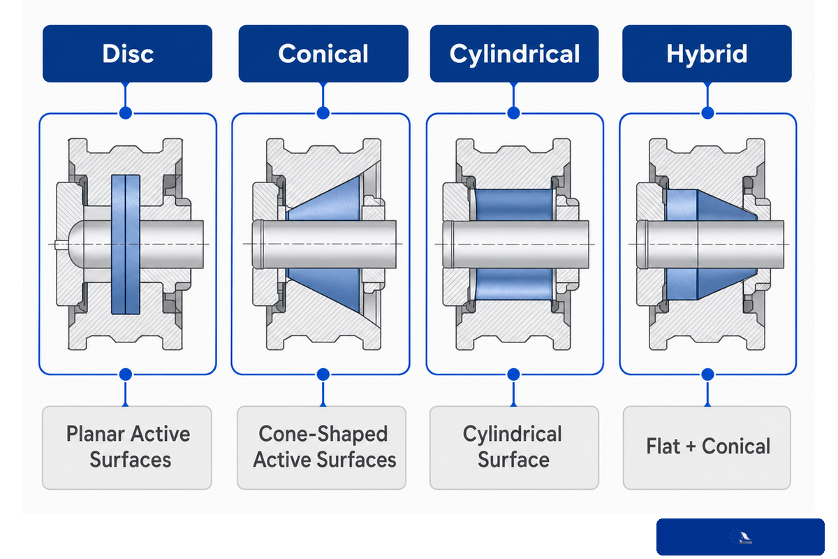 Disc, conical, cylindrical and hybrid pulp refiner working geometries compared in cross-section
