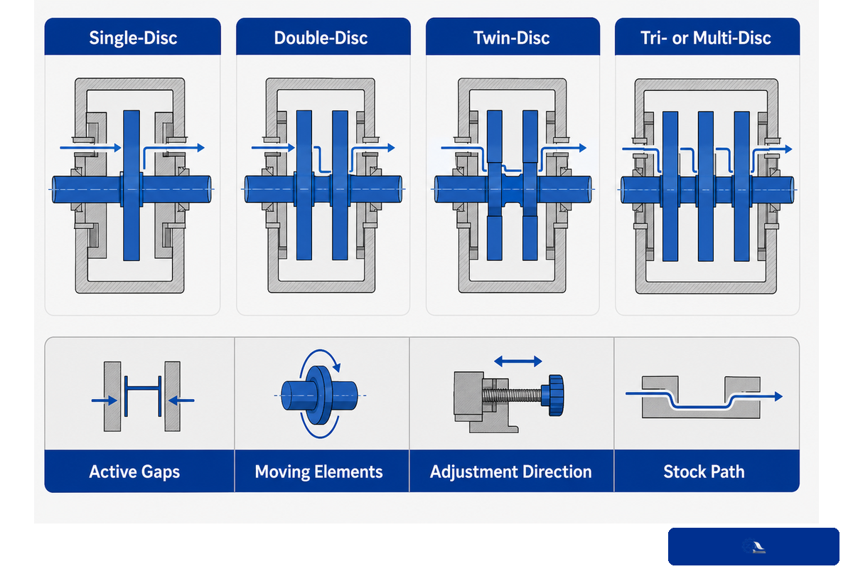 Single, double, twin and multi-disc refiner arrangements with drawing-review fields