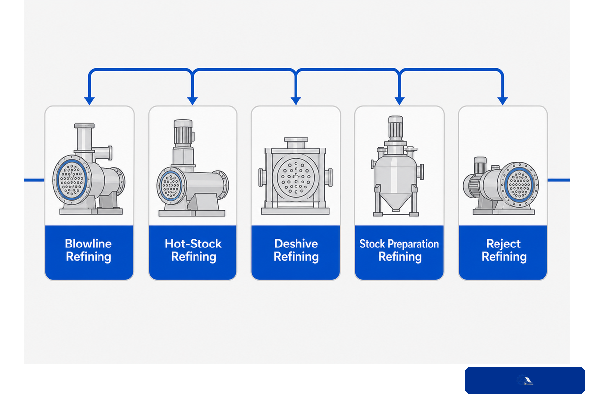 Pulp refiner duties mapped to blowline, hot-stock, deshive, stock-preparation and reject positions
