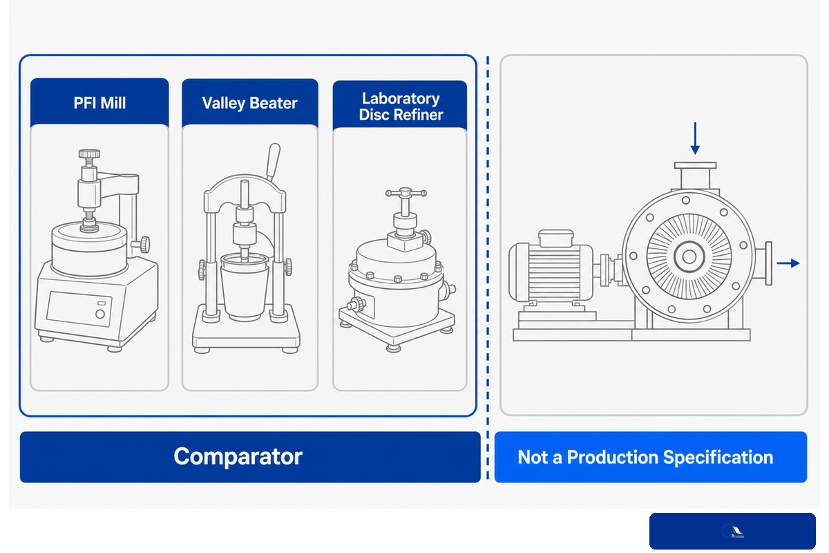 PFI mill, Valley beater and laboratory disc refiner separated from industrial production specification
