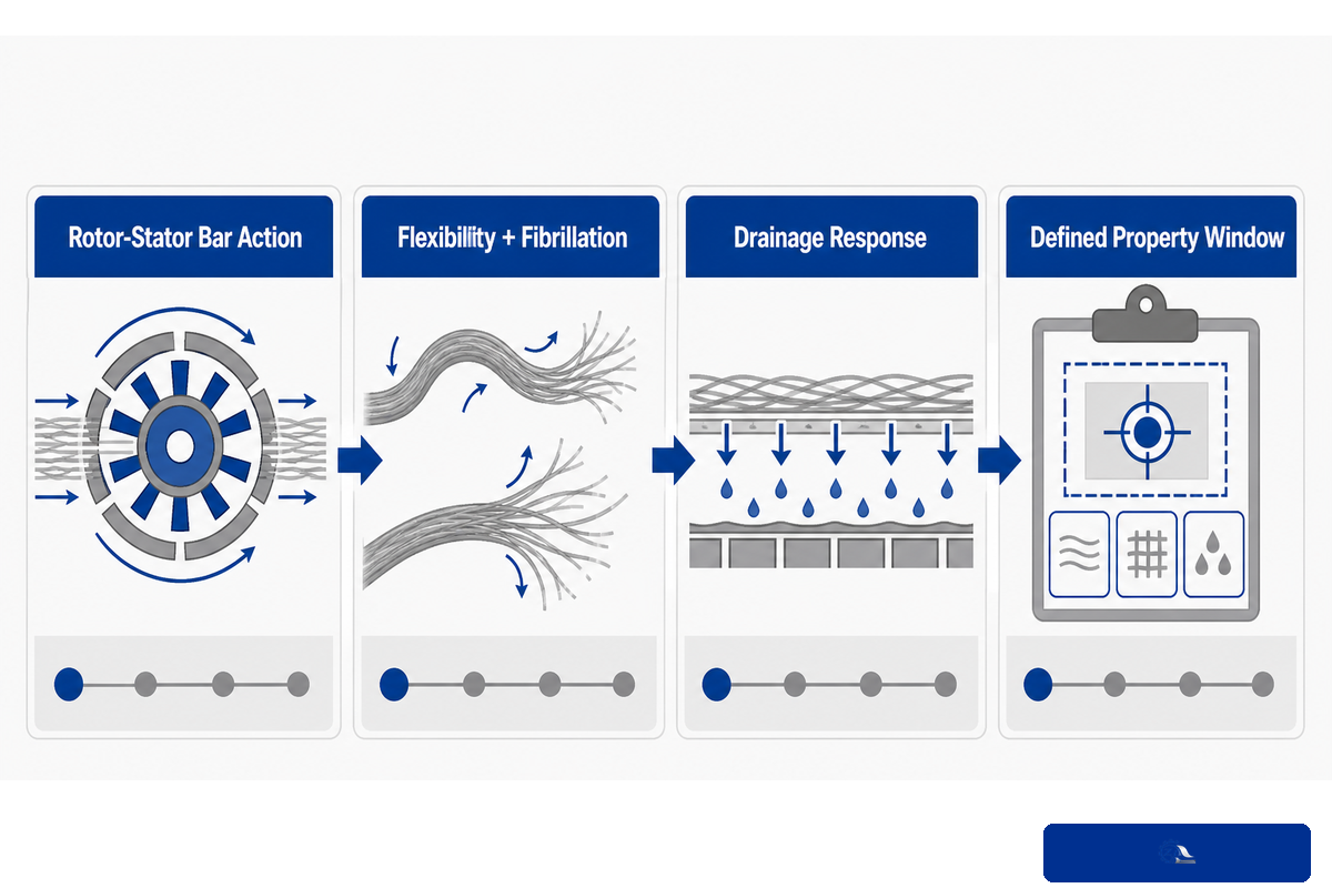 Rotor-stator action linked to fiber flexibility, fibrillation, drainage and a property window