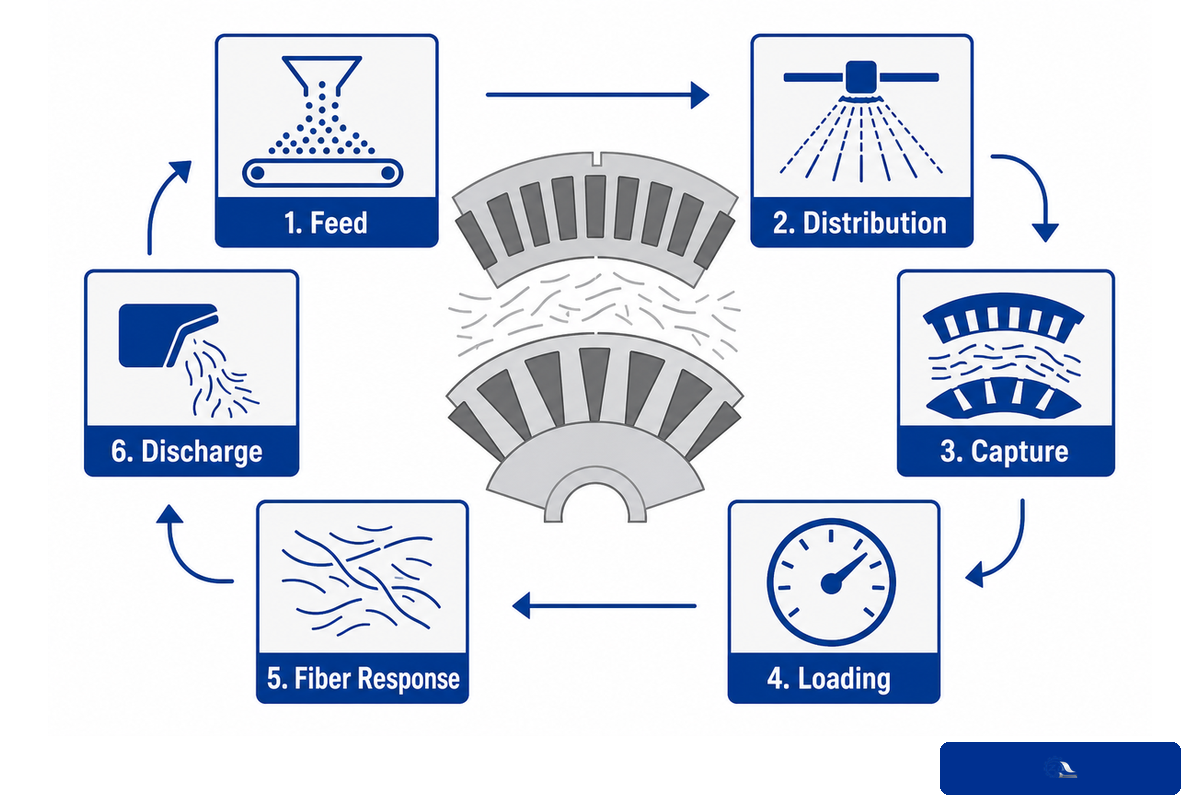 Six-stage refiner loop from feed and capture through mechanical action, fiber response and discharge