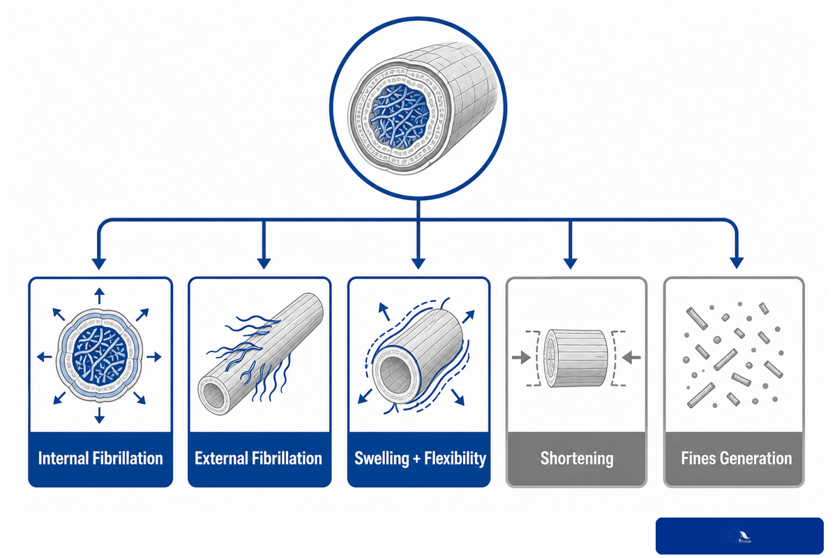 Five fiber responses to refining including fibrillation, swelling, shortening and fines