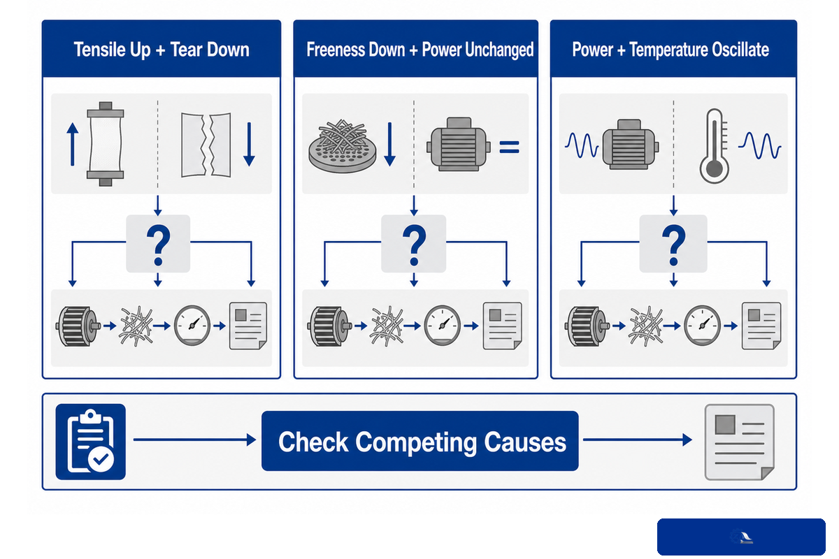 Three unstable refining patterns routed to competing-cause checks instead of automatic adjustment