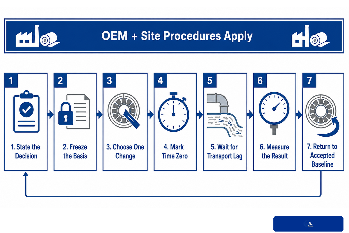 Seven-step controlled refiner trial from decision and baseline to lag, measurement and return