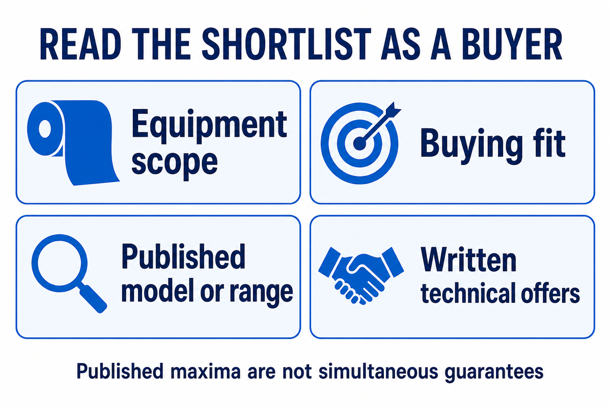 Read the supplier table by equipment scope, buying fit and model conditions before comparing written offers.