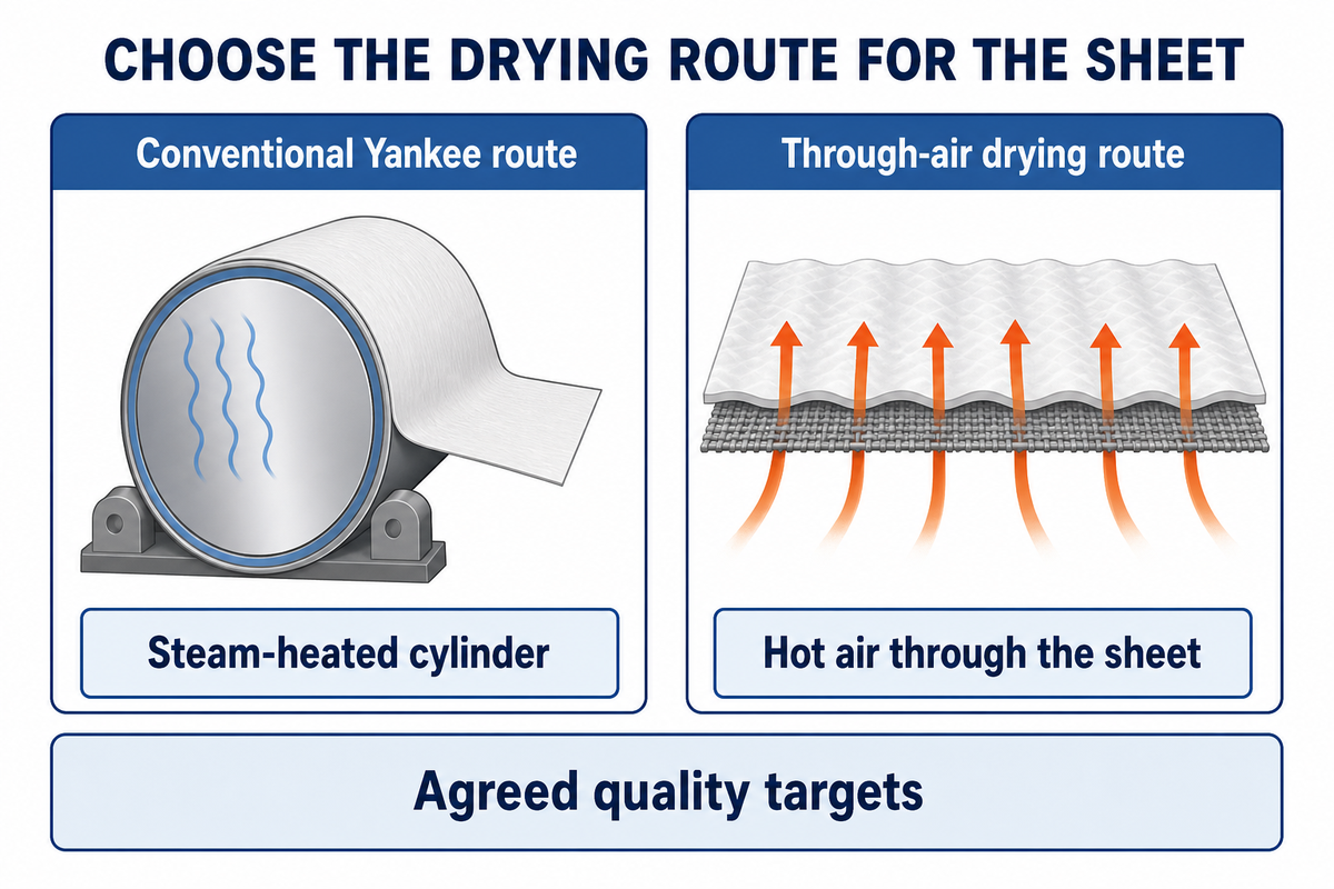 Conventional Yankee drying and through-air drying use different equipment and utilities for agreed tissue quality targets.