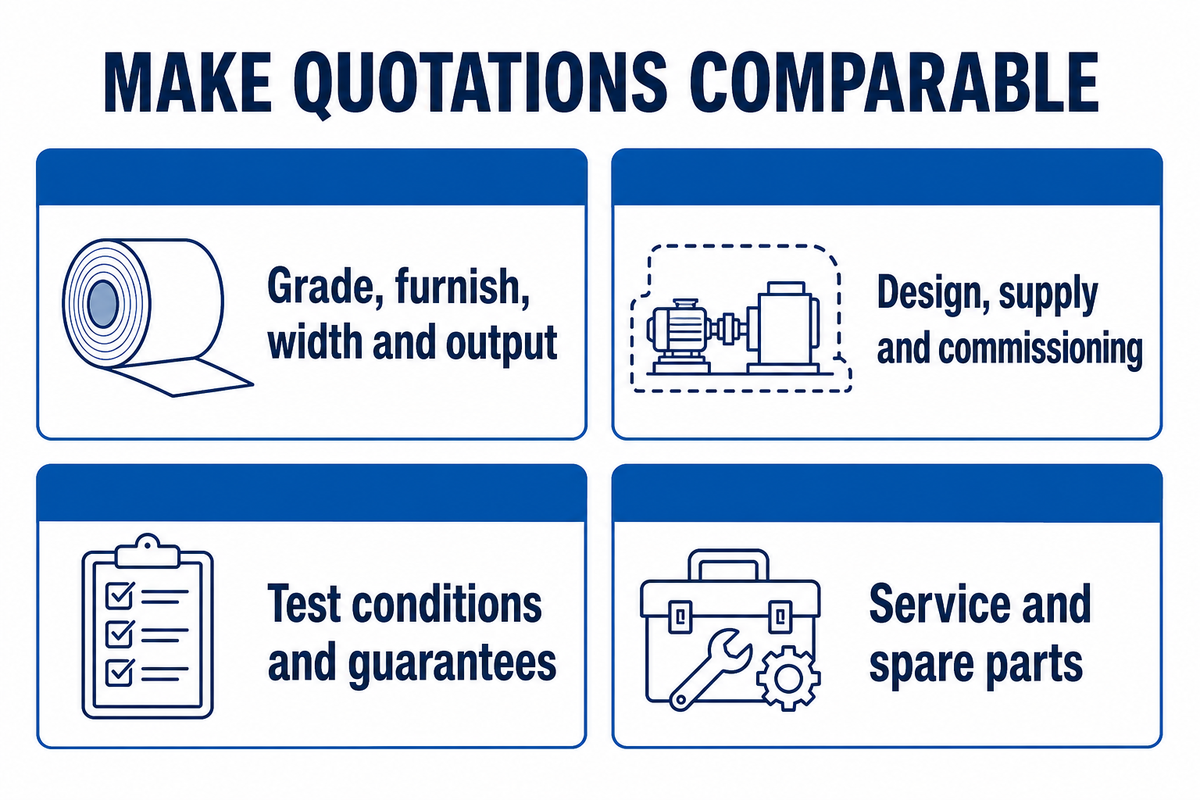 Comparable quotations need the same production duty, supply boundary, acceptance tests and service responsibilities.