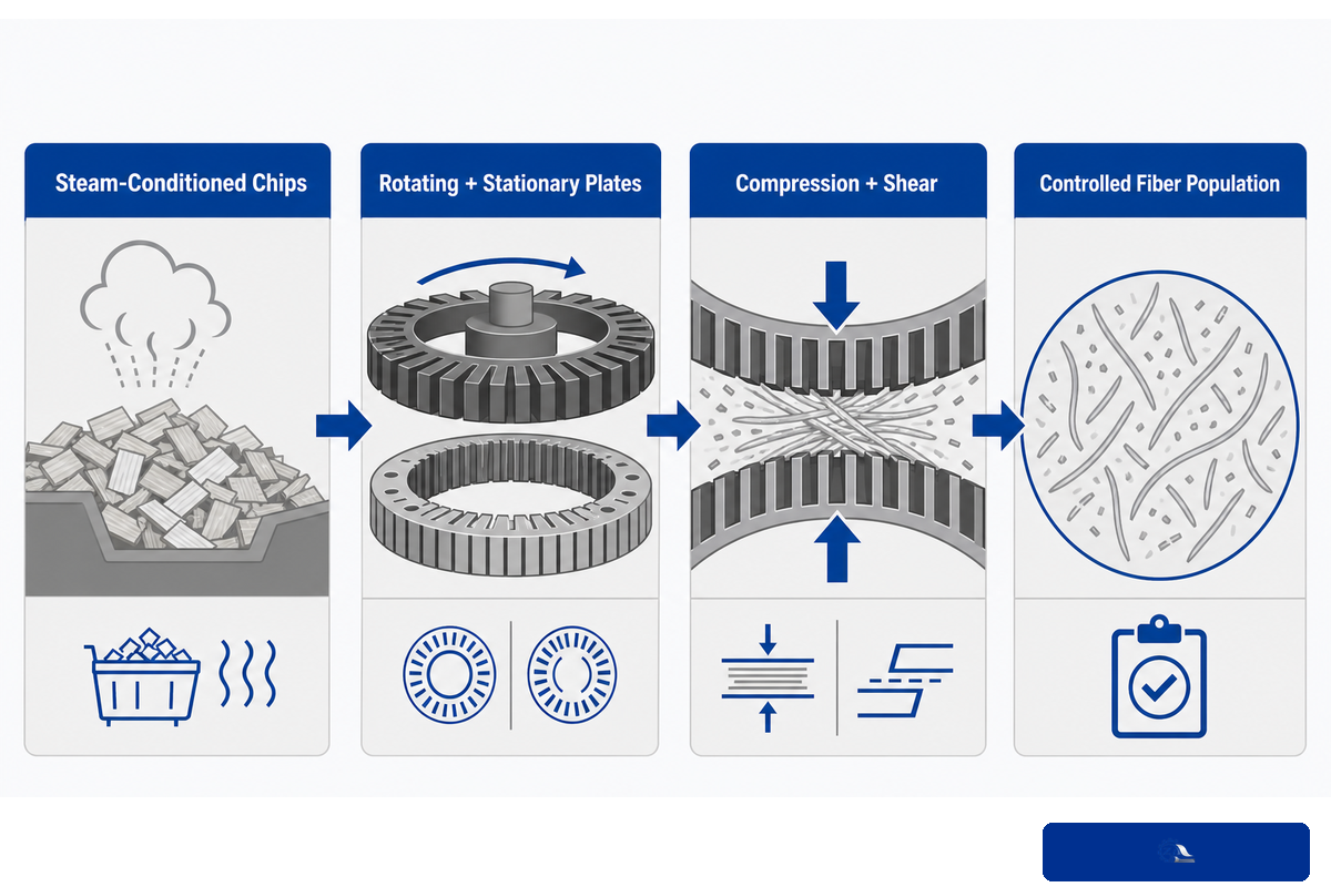 Steam-conditioned chips moving through rotating and stationary plates to a controlled fiber population