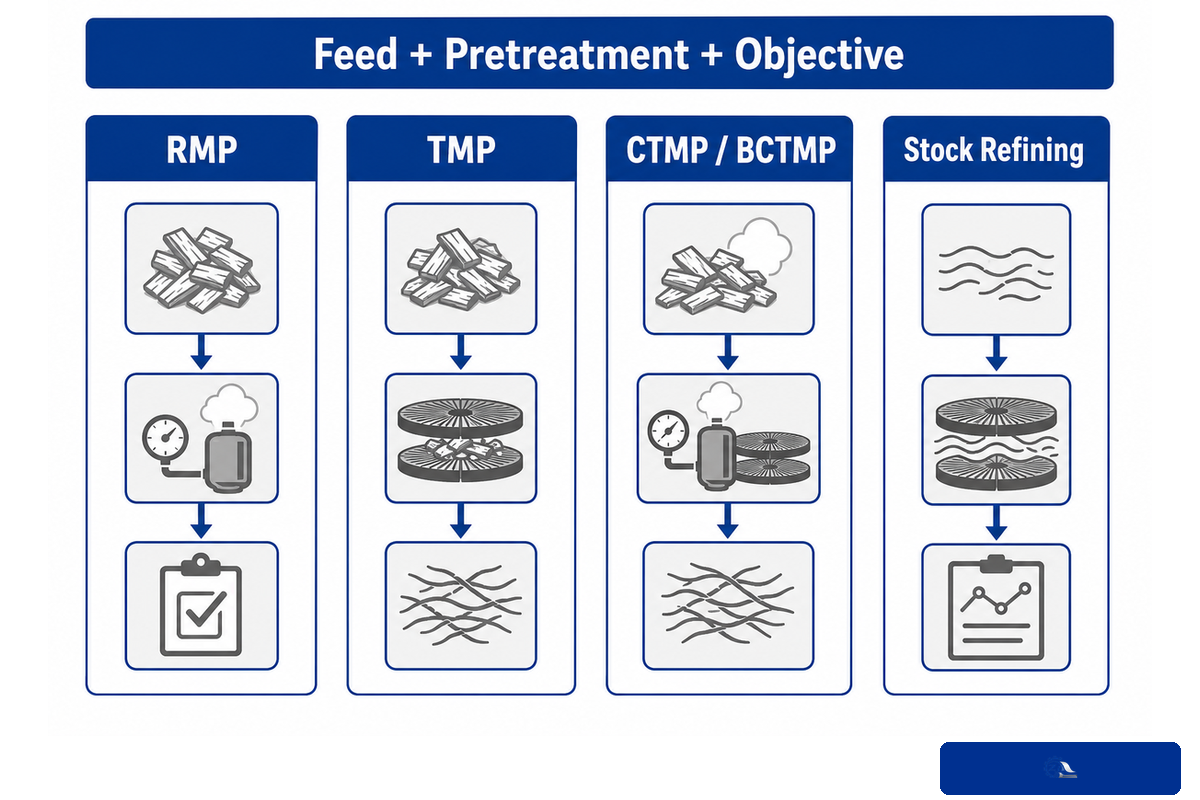 Comparison of RMP, TMP, CTMP or BCTMP and stock refining by feed, pretreatment and objective