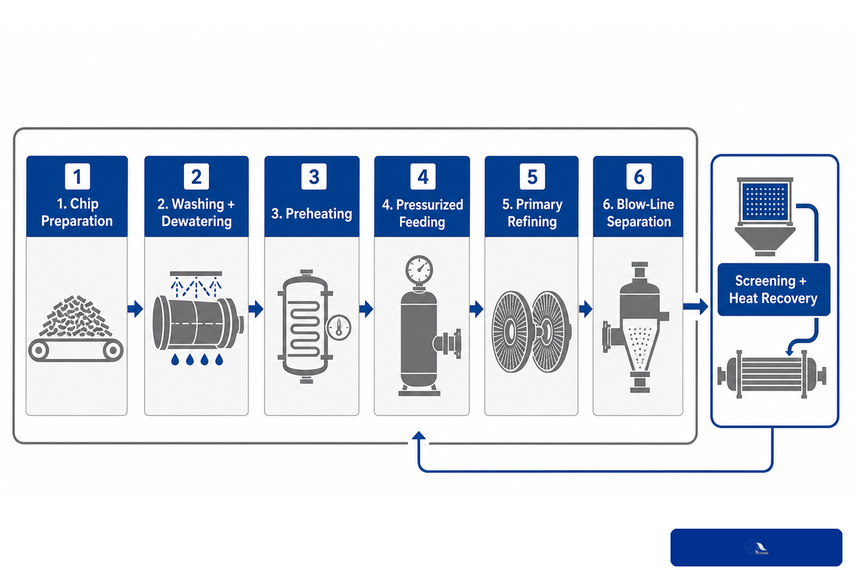 Steam-to-fiber TMP flow from chip preparation and preheating through refining, screening and heat recovery