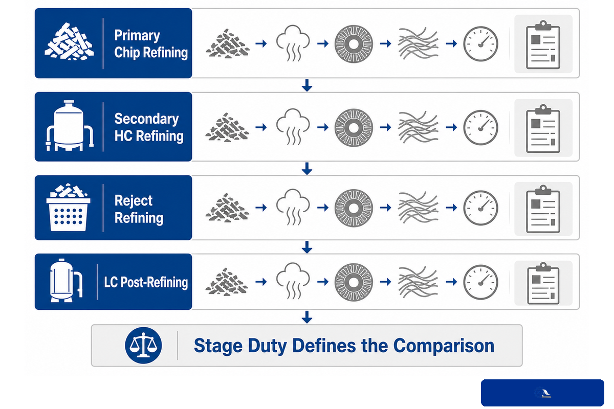 Primary, secondary, reject and low-consistency refining stages compared by feed state and duty
