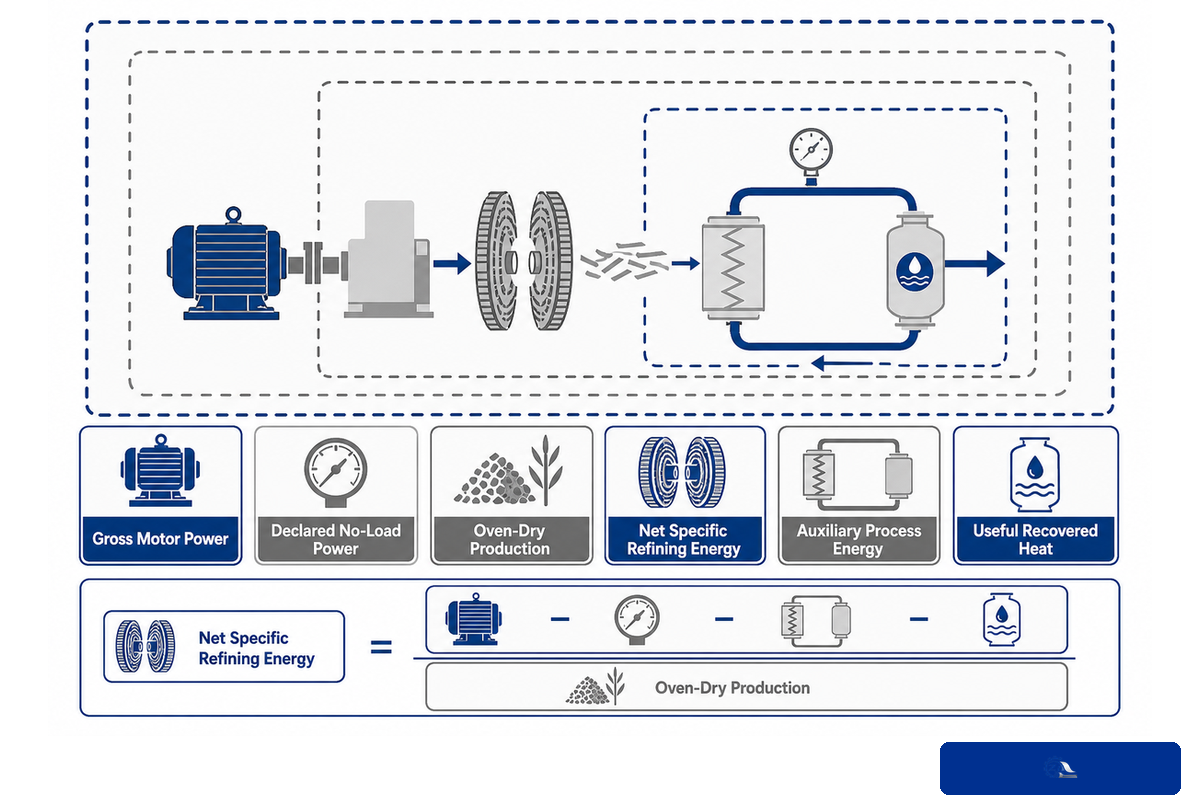 TMP energy boundaries separating motor load, no-load basis, dry production, auxiliaries and recovered heat
