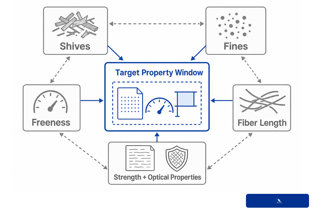 Shives, fines, freeness, fiber length and sheet properties compared inside a target property window
