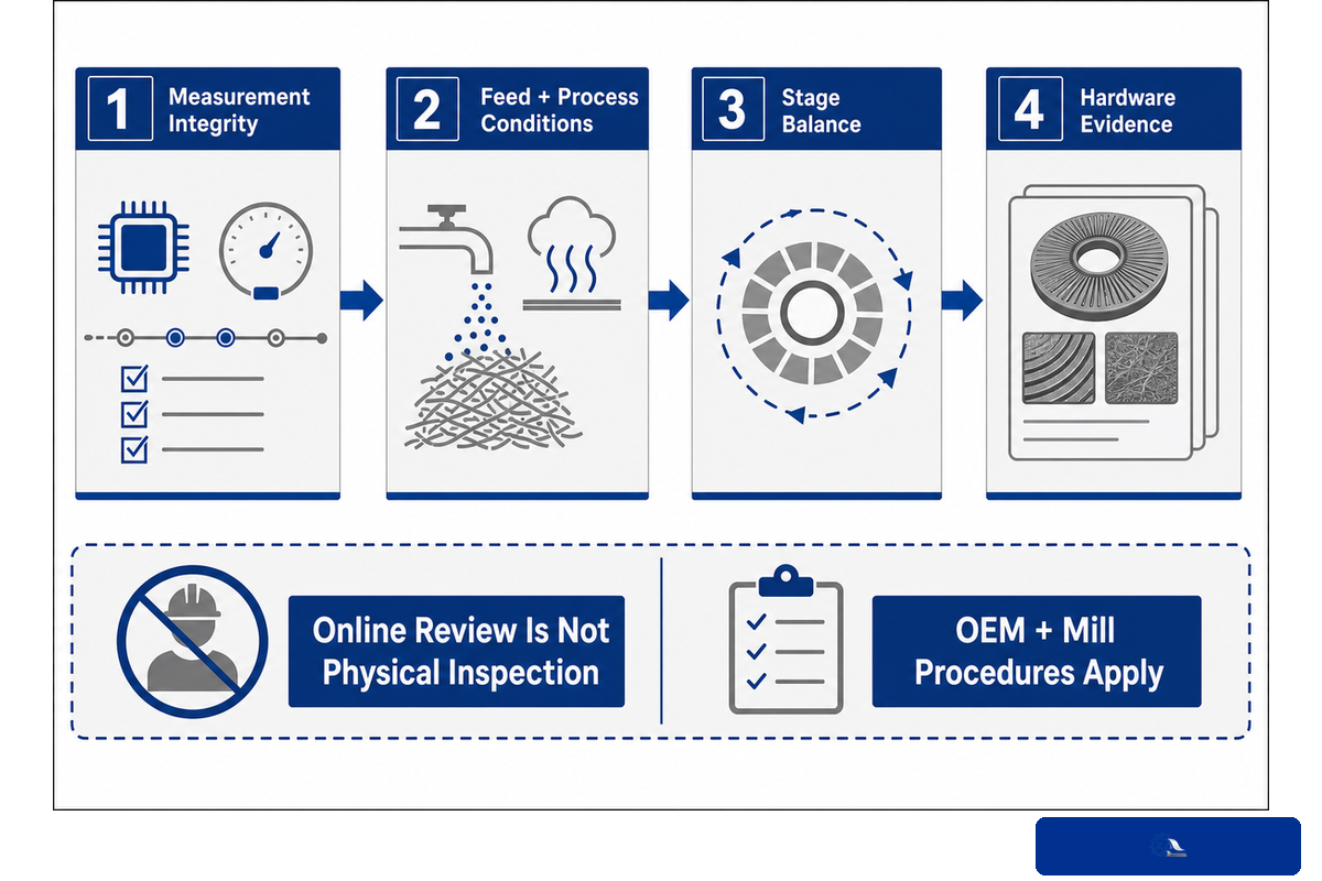 TMP diagnostic ladder from measurement integrity and feed conditions to stage balance and hardware evidence