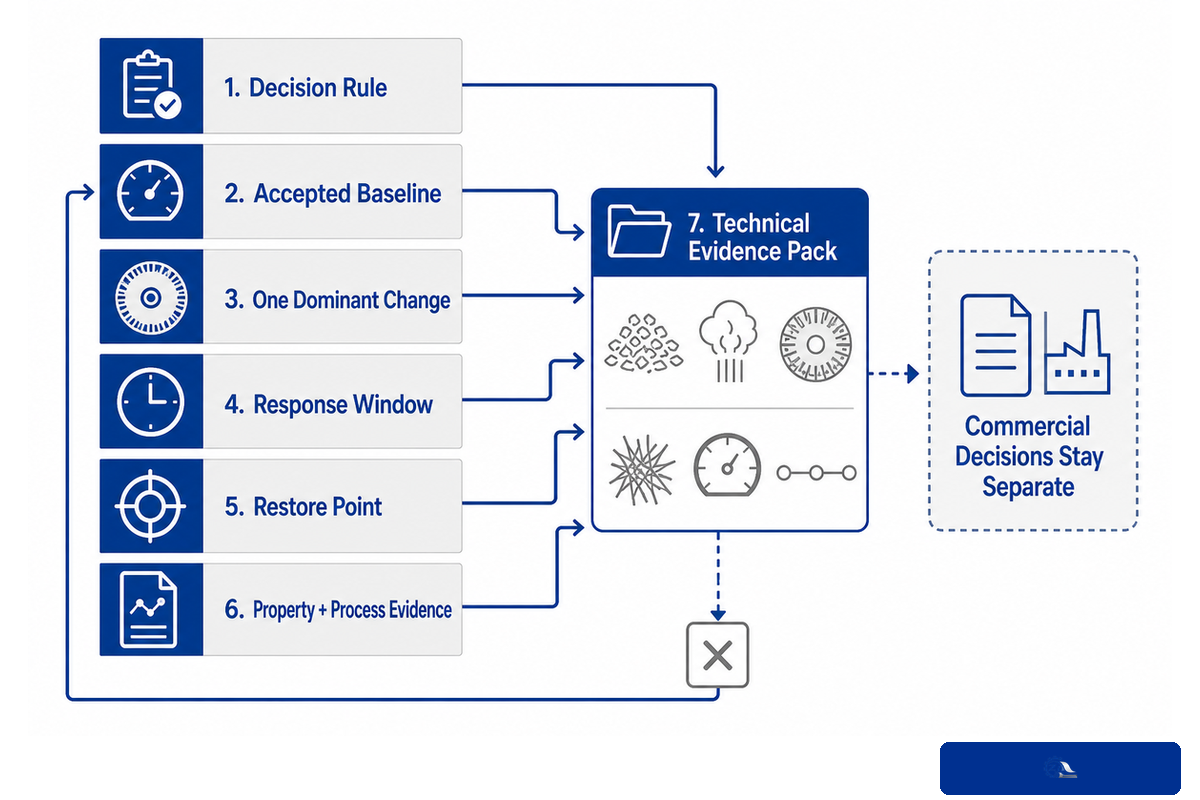 Controlled TMP trial from decision rule and baseline to one change, response window and technical evidence pack